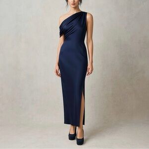 NICHOLAS Eartha Draped Dark Ink Navy Satin Gown
